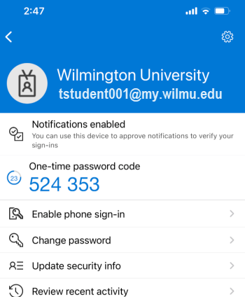 Microsoft Authenticator app WilmU account options screen