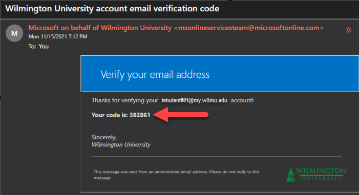 screen shot of email with verification code