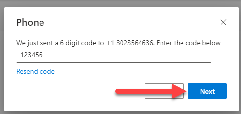 phone - click next after entering code