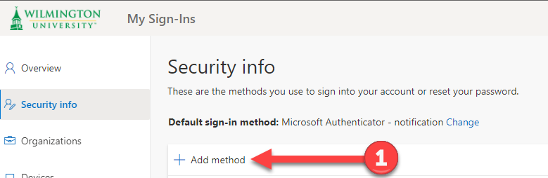 security info page - click add a method