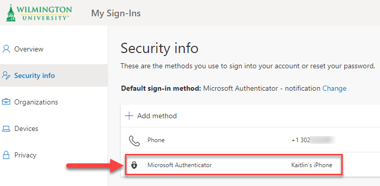 Security info page - Microsoft Authenticator added