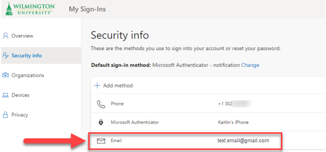 security info page showing email as verification method