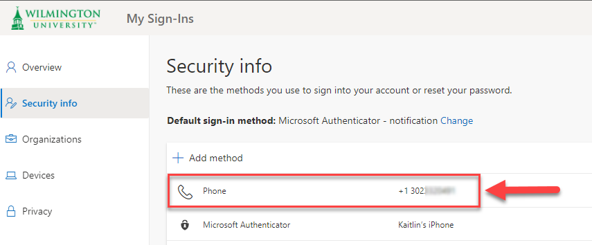 security info page showing phone added