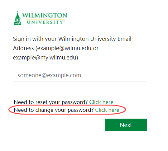 WilmU Login Change Password Link