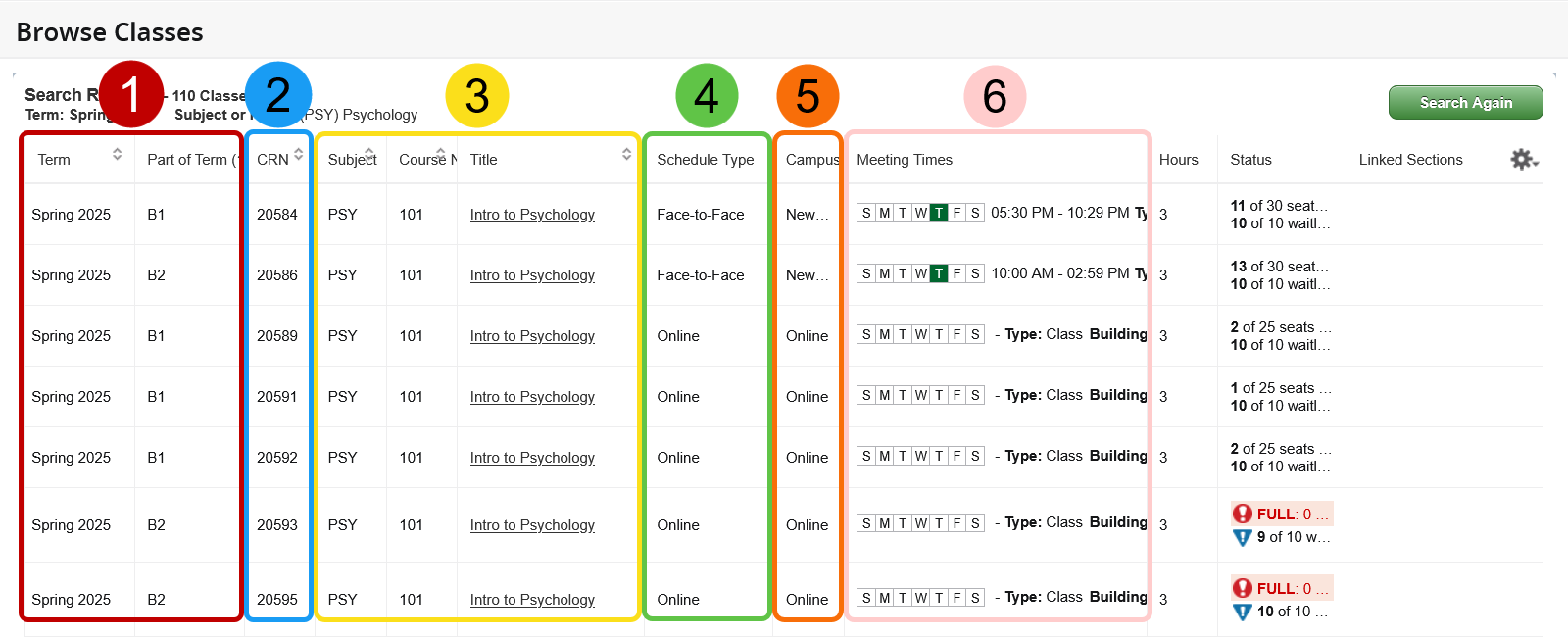 registration course search results screen shot