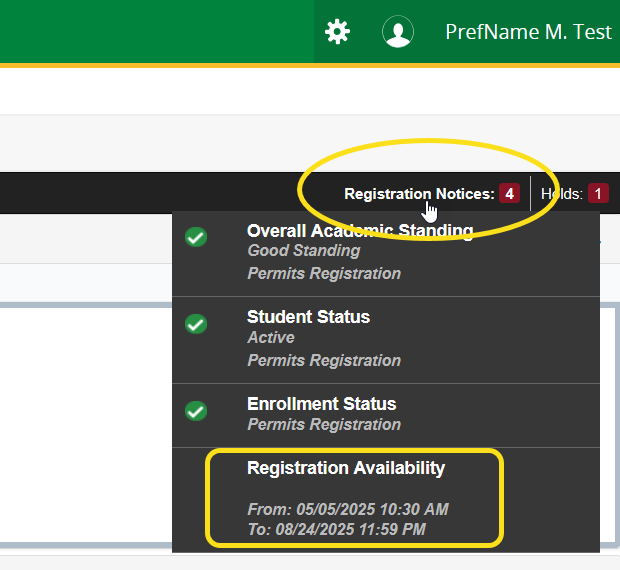 screen shot of the registration notice on the student profile