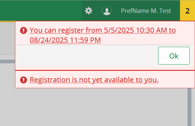 screen shot of the notification in student registration
