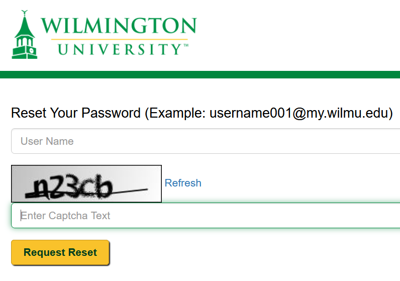 screen shot of reset password page