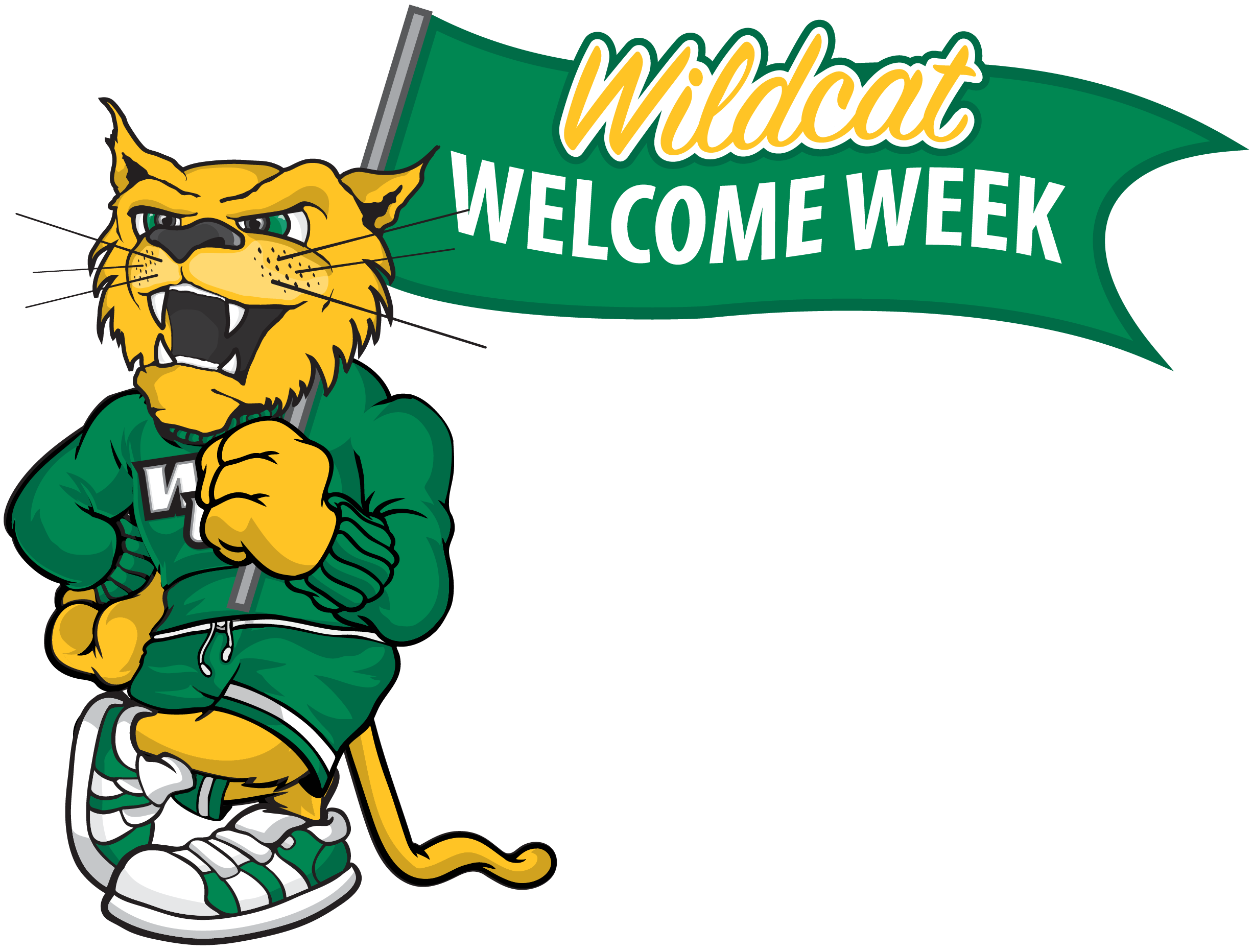 Wiley Wildcat holding a Welcome Week banner